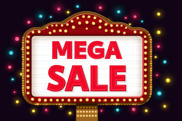 "Red retro theater marquee with white background and glowing lights displaying 'MEGA SALE' in bold vector graphic style."