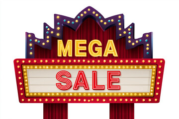 "Red retro theater marquee with white background and glowing lights displaying 'MEGA SALE' in bold vector graphic style."
