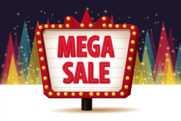 "Red retro theater marquee with white background and glowing lights displaying 'MEGA SALE' in bold vector graphic style."