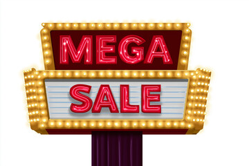 "Red retro theater marquee with white background and glowing lights displaying 'MEGA SALE' in bold vector graphic style."