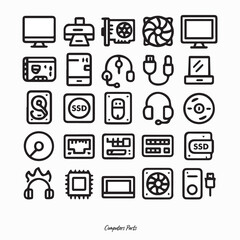 A collection of computer and hardware line icons. Includes monitors, CPU, keyboards, mice, cables, and components. Clean, minimal, black-and-white design perfect for digital and tech projects