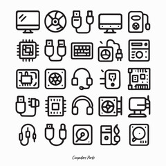 A collection of computer and hardware line icons. Includes monitors, CPU, keyboards, mice, cables, and components. Clean, minimal, black-and-white design perfect for digital and tech projects