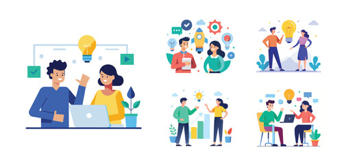 Illustration of two people sharing ideas. Teamwork and idea sharing concept. Flat style design
