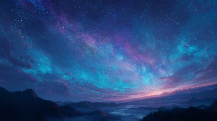 Naklejka premium Vibrant Night Sky Over Misty Mountains