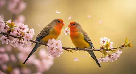 Two birds on cherry blossom branch