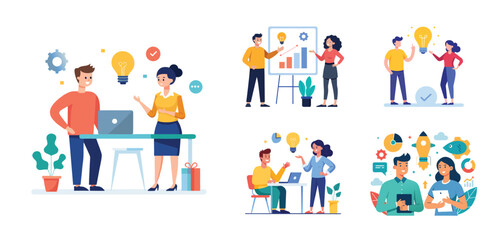 Fototapeta premium Illustration of two people sharing ideas. Teamwork and idea sharing concept. Flat style design