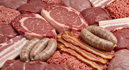 Variety of raw meat steak, sausage, bacon, ground meat
