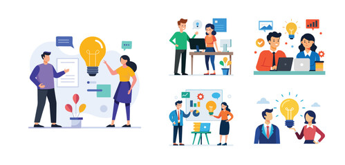 Fototapeta premium Illustration of two people sharing ideas. Teamwork and idea sharing concept. Flat style design