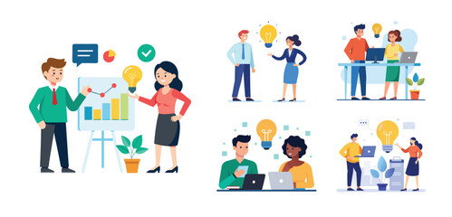 Fototapeta premium Illustration of two people sharing ideas. Teamwork and idea sharing concept. Flat style design