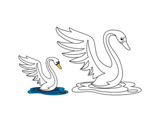 Cartoon crane bird with flat style using kids coloring page. Outline of white crane bird isolated with outline in vector illustration.