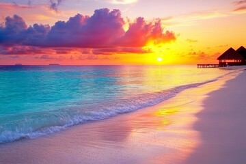 Vibrant Sunset Over Tropical Beach with Overwater Bungalow