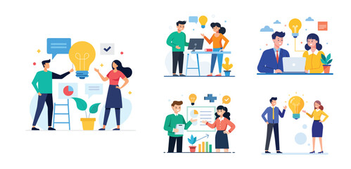 Illustration of two people sharing ideas. Teamwork and idea sharing concept. Flat style design