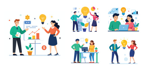 Fototapeta premium Illustration of two people sharing ideas. Teamwork and idea sharing concept. Flat style design