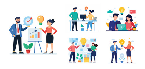 Fototapeta premium Illustration of two people sharing ideas. Teamwork and idea sharing concept. Flat style design