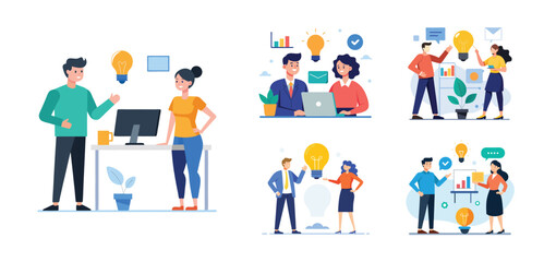Fototapeta premium Illustration of two people sharing ideas. Teamwork and idea sharing concept. Flat style design