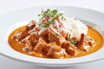 Rich Beef Curry with Rice and Pickled Salad in White Bowl on White Background