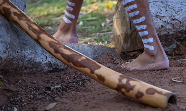 Aboriginal cultural performance with traditional body paint and didgeridoo