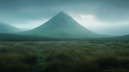 Obraz premium Mysterious Green Pyramid in Foggy Landscape