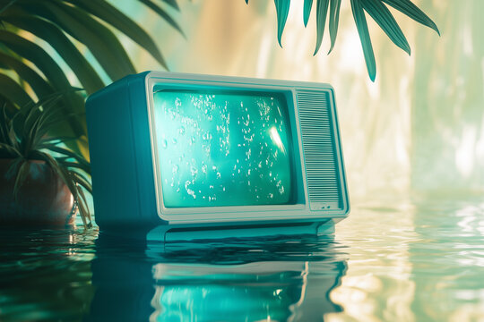 retro future aqua-tech computer on glossy fluid surface, blue plastic vintage PC with green chroma screen, floating in translucent water, bubbles, palm leaf reflections, y2k frutiger aero aesthetic, s