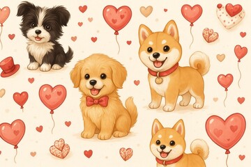 Adorable Puppy Dogs Valentines Day Hearts Balloons Cute Cartoon Illustration Digital Art Print Graphic Design Romantic Pet Animal Festive Lovely Sweet Puppy Dogs Background Wallpaper Inu Joy Fun Shiba