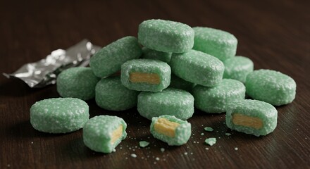 Mint candy on dark wood surface