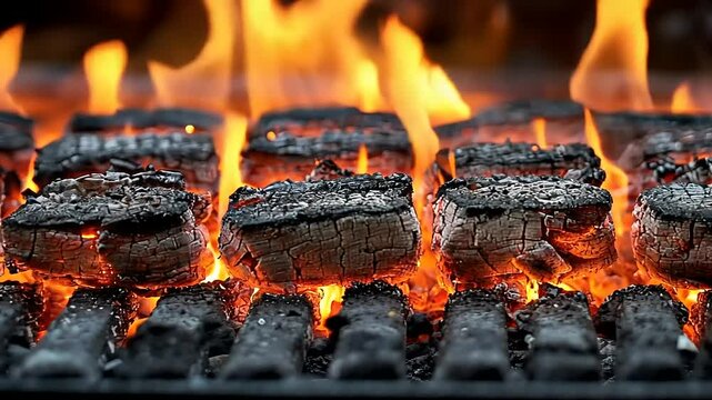 Burning Briquettes on a Grill for Barbecue: Hot Coals Ignite with Flames