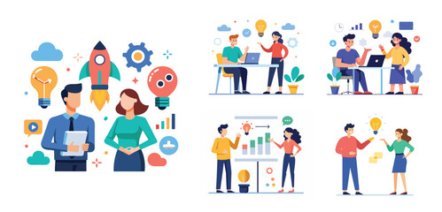 Illustration of two people sharing ideas. Teamwork and idea sharing concept. Flat style design