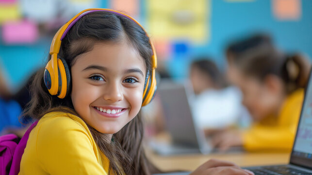 Smiling Girl Wearing Headphones Using laptop for studying 