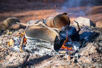Campfire with burning logs and smoke rising in the outdoors