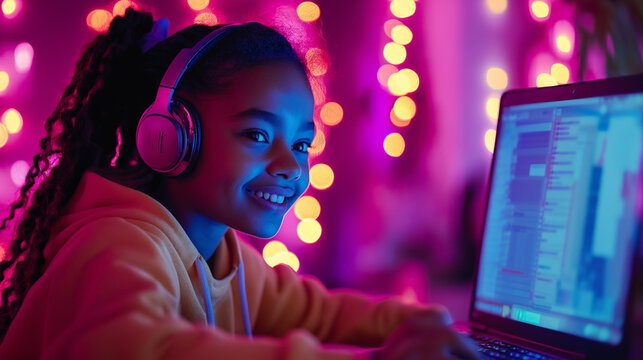 Smiling Girl Wearing Headphones Using laptop for studying  - Powered by Adobe