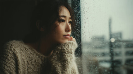 雨の日に物思いにふける日本人女性