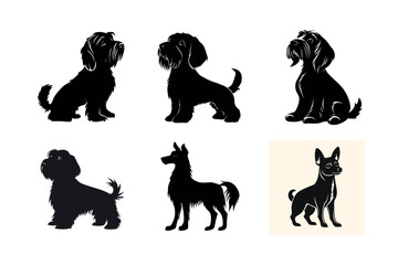 Six dog silhouettes various breeds black and white