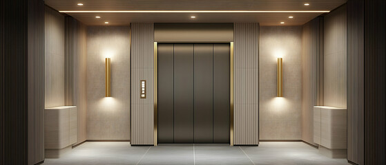 Modern Elevator Lobby With Beige Walls And Gold Accents