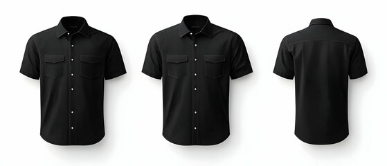 Black Short Sleeve Button Up Shirt Front Back Views