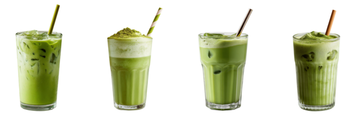 Set of iced matcha latte with straw isolated on a transparent background