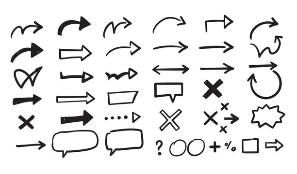 Hand drawn arrows symbols and communication bubbles set for design elements