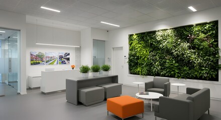 Office reception area with green wall and modern furniture