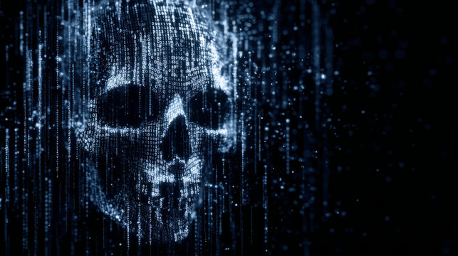 binary horror theme, glowing skull formed from binary digits floating above breached firewall