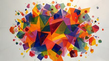 symbolic art print for meditation room | cosmic rhythm | spiritual revelation | vibrant primaries | chaotic harmony | symbolic fragments | translucent form overlays | form disintegration |