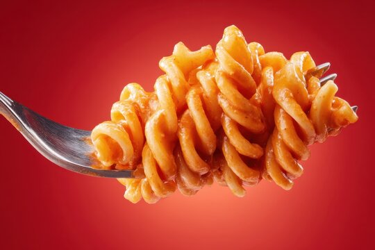 close-up of fusilli pasta with tomato sauce twirled on a fork, red background. Ideal for food blogs, cooking content, restaurant menus, or Italian cuisine themes.