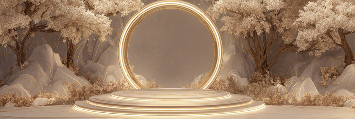 Glowing ring arch behind a cream platform with golden light halo