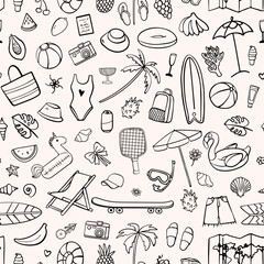 Seamless summer pattern with hand-drawn black line beach items, surfboards, palm trees, swimsuits, fruits, umbrellas, floaties, travel icons, and playful vacation details