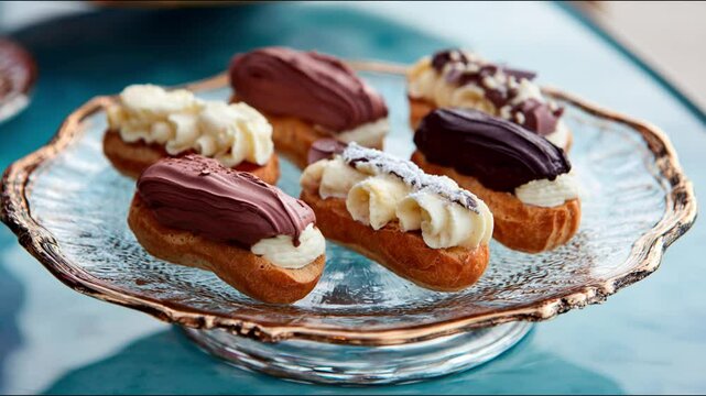 Delicious eclairs on a glass plate, a tempting dessert.