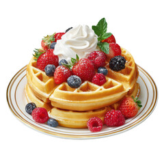 Delicious Stack of Golden Waffles with Mixed Berries and Cream on an Elegant Plate