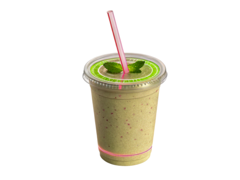 Refreshing Green Smoothie in Plastic Cup with Straw and Mint on transparent background, ai generated