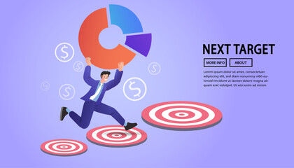 A concept of business growth and reaching the next target. A successful businessman uses data from a pie chart to achieve new goals, illustrating a step-by-step financial strategy.