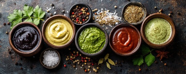 Top-down view of assorted sauces in rustic bowls with mixed spices and herbs on wooden background, ideal for culinary and food styling use.