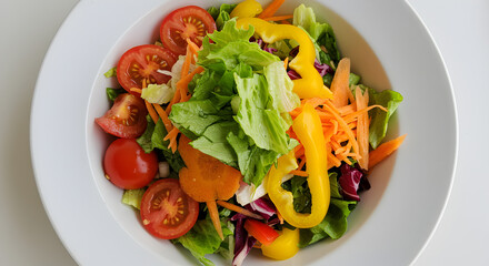 Fresh salad with tomatoes, lettuce, carrots and yellow pepper.