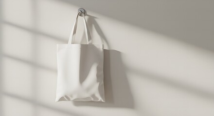 a blank white tote bag hanging on a wall
