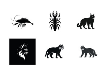 Obraz premium Black and white silhouettes of animals lobster scorpion lynx bobcat